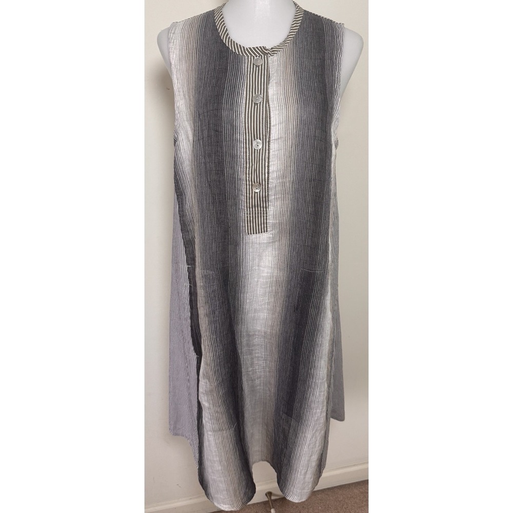 Alembika Ombre Stripe Sleeveless Oversized Linen Blend Midi Dress Large Gray - Picture 2 of 11